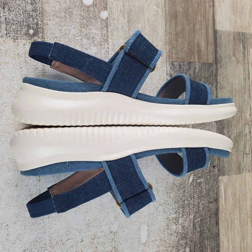 Cole Haan Zerogrand Meritt Sandal Womens Sz 7.5 B Denim Multi Ivory Hook & Loop